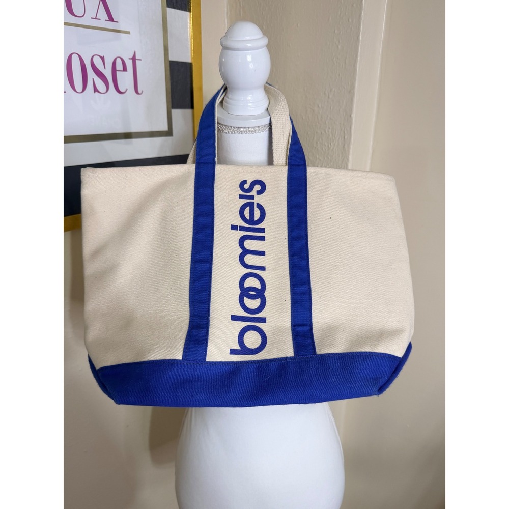 Bloomingdales Bloomies Canvas Tote Bag Cream Royal Blue Logo Shopper Made in USA